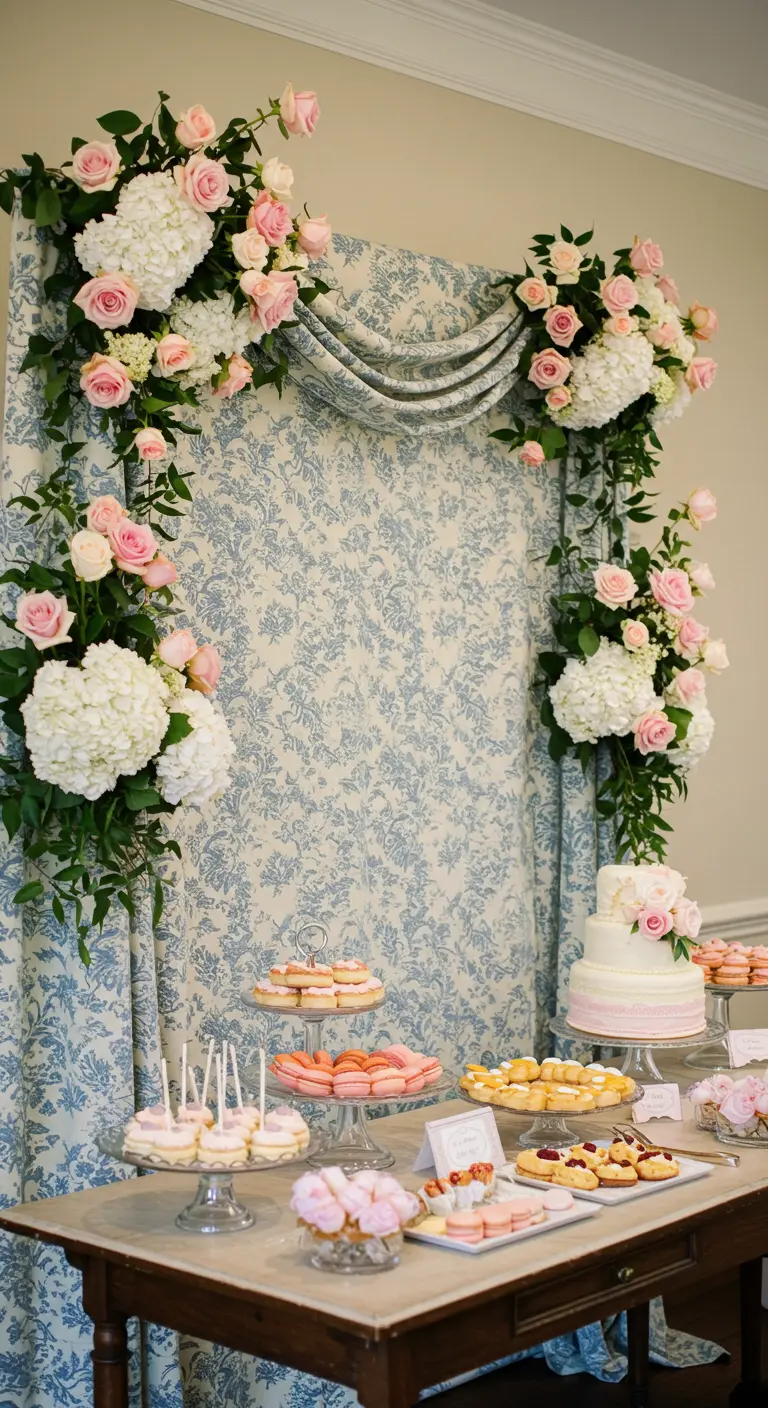 Backdrop van blauw-witte stof met roze rozen en hortensia's.