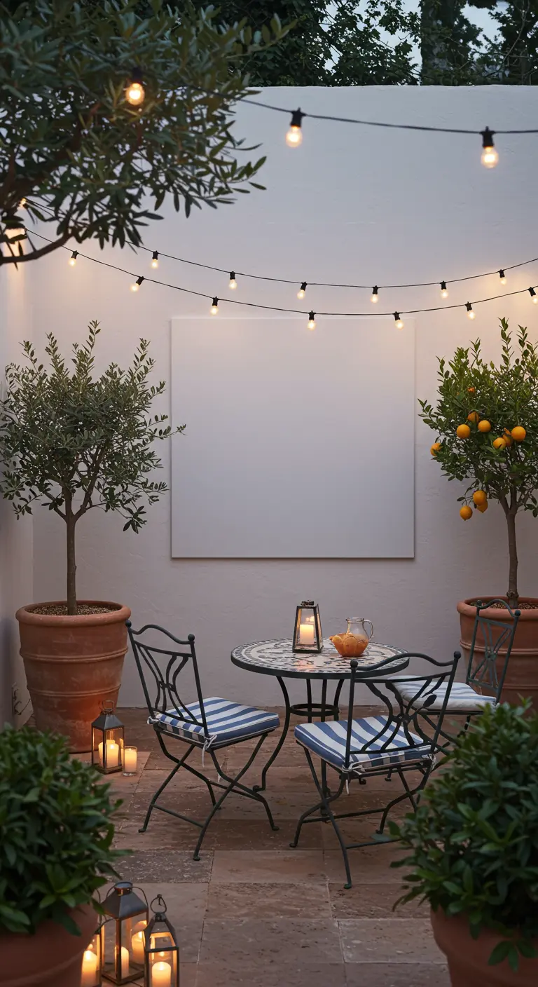 Intieme buitenbioscoop op een patio met een bistroset, potplanten en lichtslingers.
