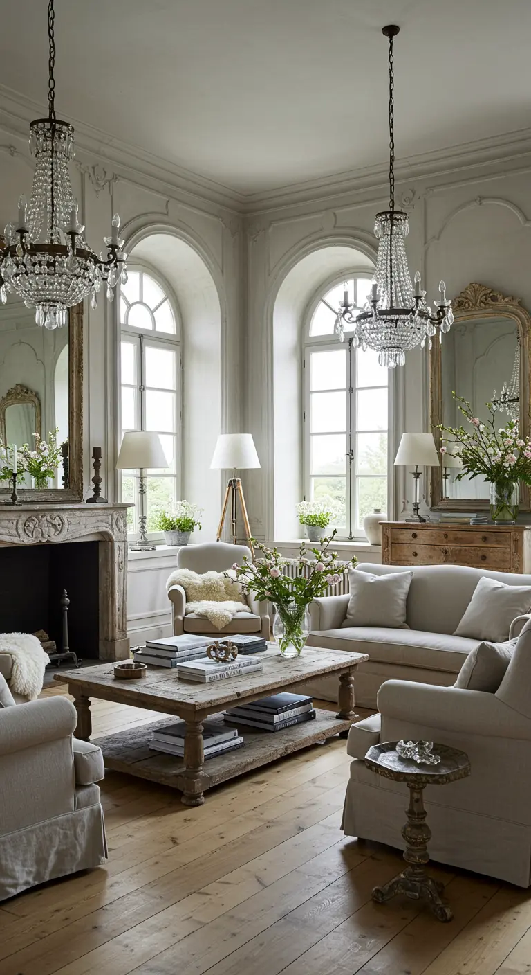 Elegante woonkamer met kristallen kroonluchters, lichte banken, verweerde houten tafel