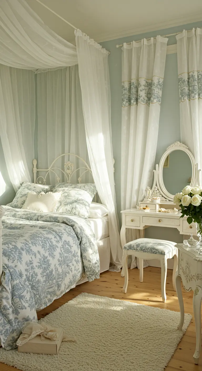 Romantische slaapkamer met lichtblauwe muren, Toile de Jouy beddengoed en een sluier hemelbed.