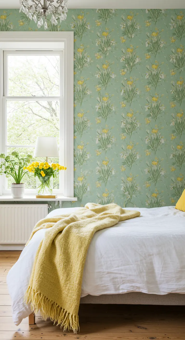 Lichte slaapkamer met saliegroen narcissenbehang, wit beddengoed en een felgele deken.