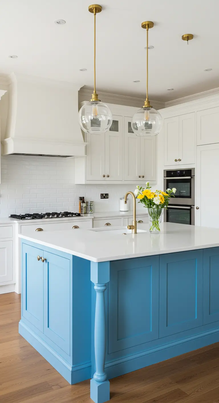 Mat blauw eiland met witte bovenkasten, gouden kraan en hanglampen in lichte keuken.