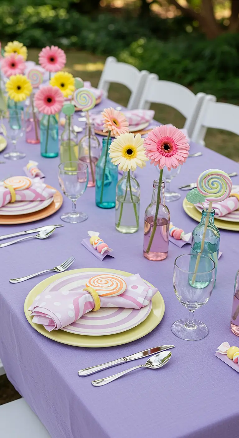 Tafel gedekt in lila met roze en gele bloemen in gekleurde flesjes.