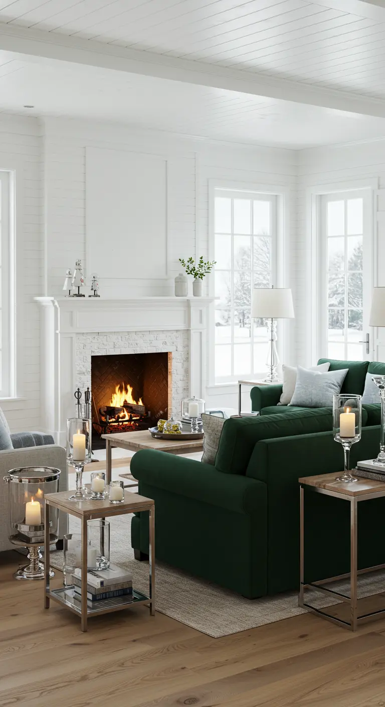 Lichte klassieke woonkamer met groene bank, witte haard, zilveren tafels en kaarsen in windlichten.