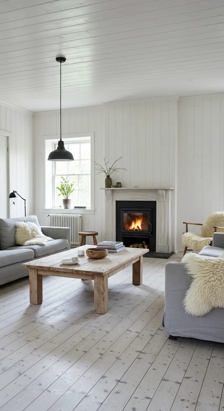 Witte woonkamer met houten vloer, grijze bank, schapenvacht en houten salontafel
