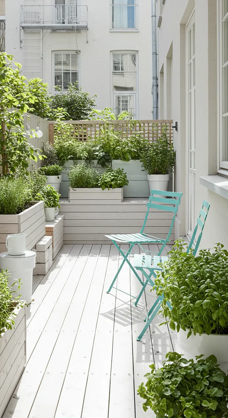 Witgeschilderd terras met turquoise klapstoelen en witte plantenbakken.