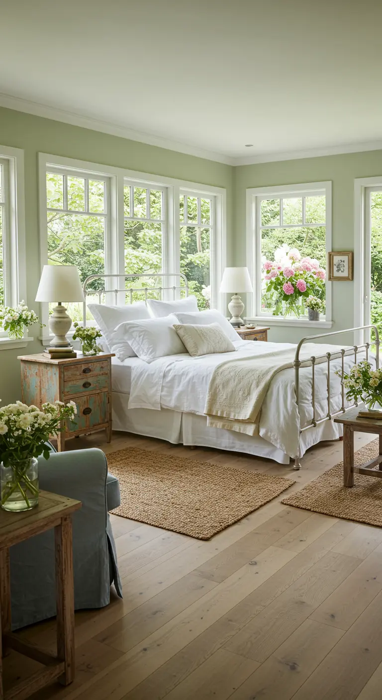 Lichte slaapkamer met frisse groene muren, wit smeedijzeren bed en antieke kastjes.