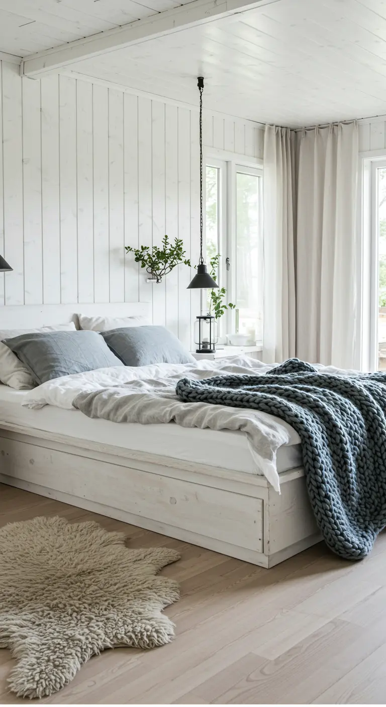 Witte en grijze slaapkamer met houten lambrisering, een wit bed met opberglades, en een grofgebreide grijze plaid.