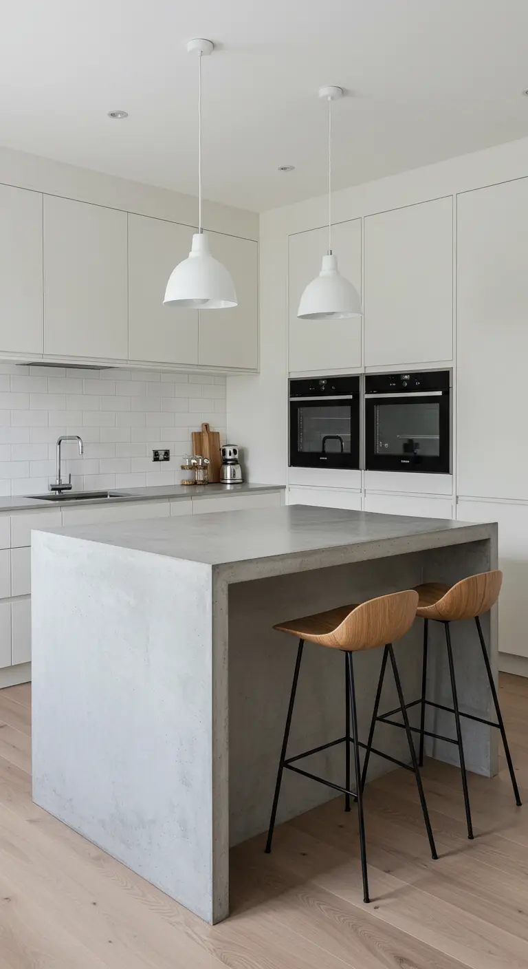 Witte keuken met een betonnen eiland in het midden, waar twee houten barkrukken aan staan.