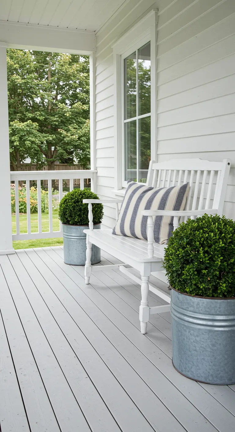 Witte veranda met een wit bankje, een gestreept kussen en buxus in zinken potten.