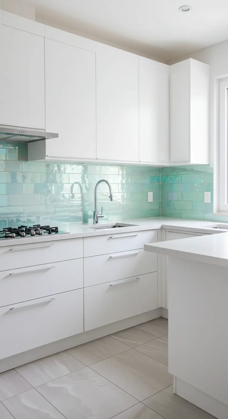 Glanzende witte keuken met iriserende zeegroene backsplash tegels en chromen kraan.