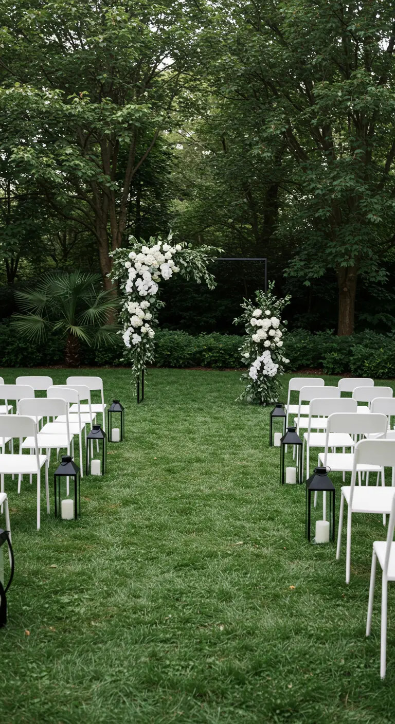 Buitenceremonie-opstelling met witte stoelen, een asymmetrische witte bloemenboog en zwarte lantaarns op gras.
