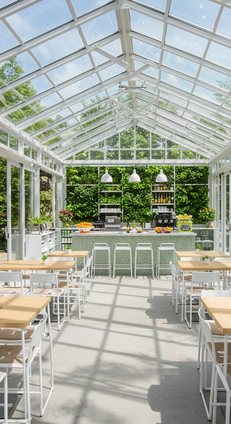 Licht en modern café in een kas met een grote groene plantenmuur en houten tafels.