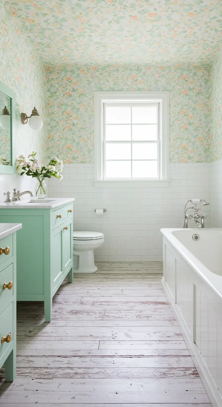 Lichte badkamer met pastelgroen bloemenbehang, een mintgroen wastafelmeubel en een witte houten vloer.