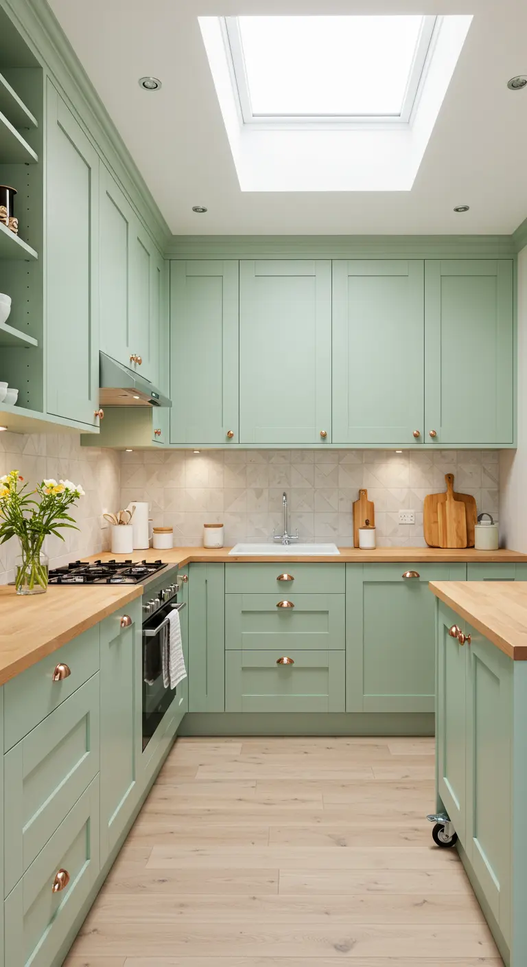 Mintgroene U-vormige keuken met houten werkbladen en een groot dakraam
