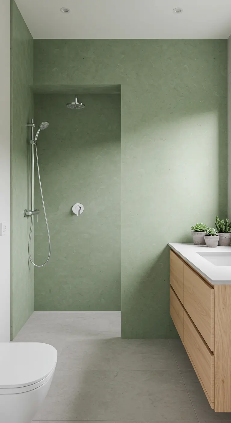 Badkamer met saliegroene betonciré muren, een houten meubel en een inloopdouche.