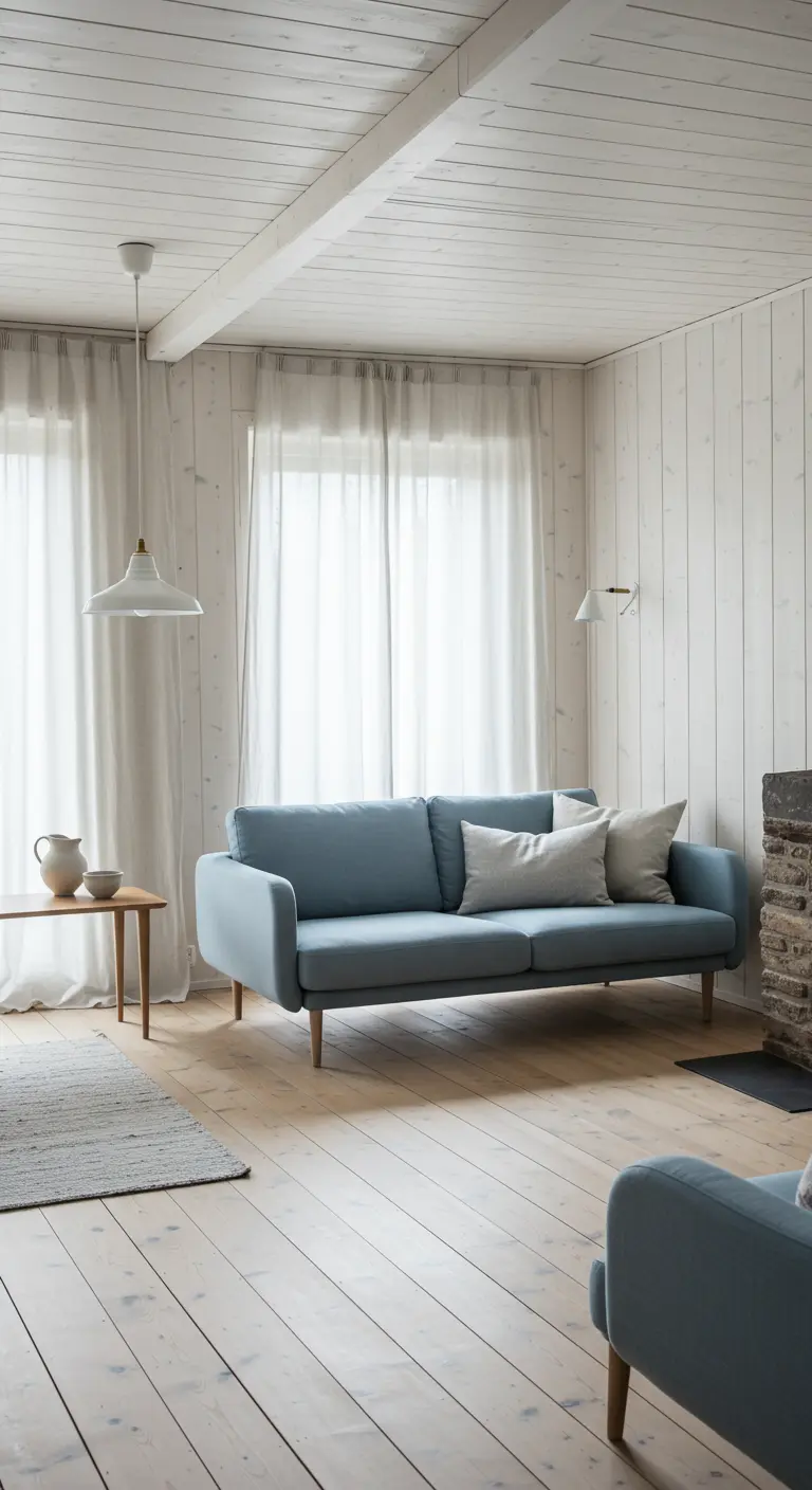 Woonkamer met lichtblauwe bank, wit houten plafond, licht houten vloer en lange witte gordijnen.
