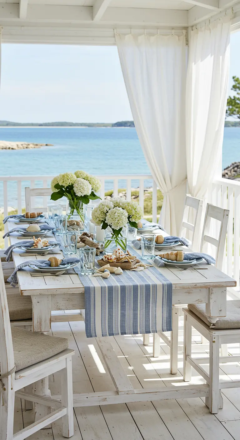 Wit houten veranda met zeezicht, blauw-wit gestreepte loper, witte hortensia's en schelpen.