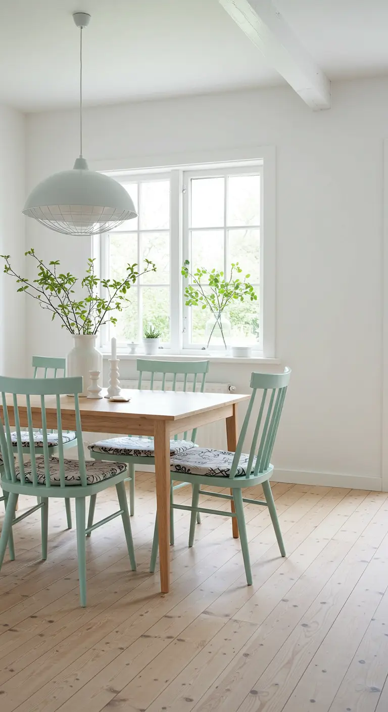 Eenvoudige eethoek met licht houten tafel, mintgroene stoelen met subtiele bloemkussens, witte muren.
