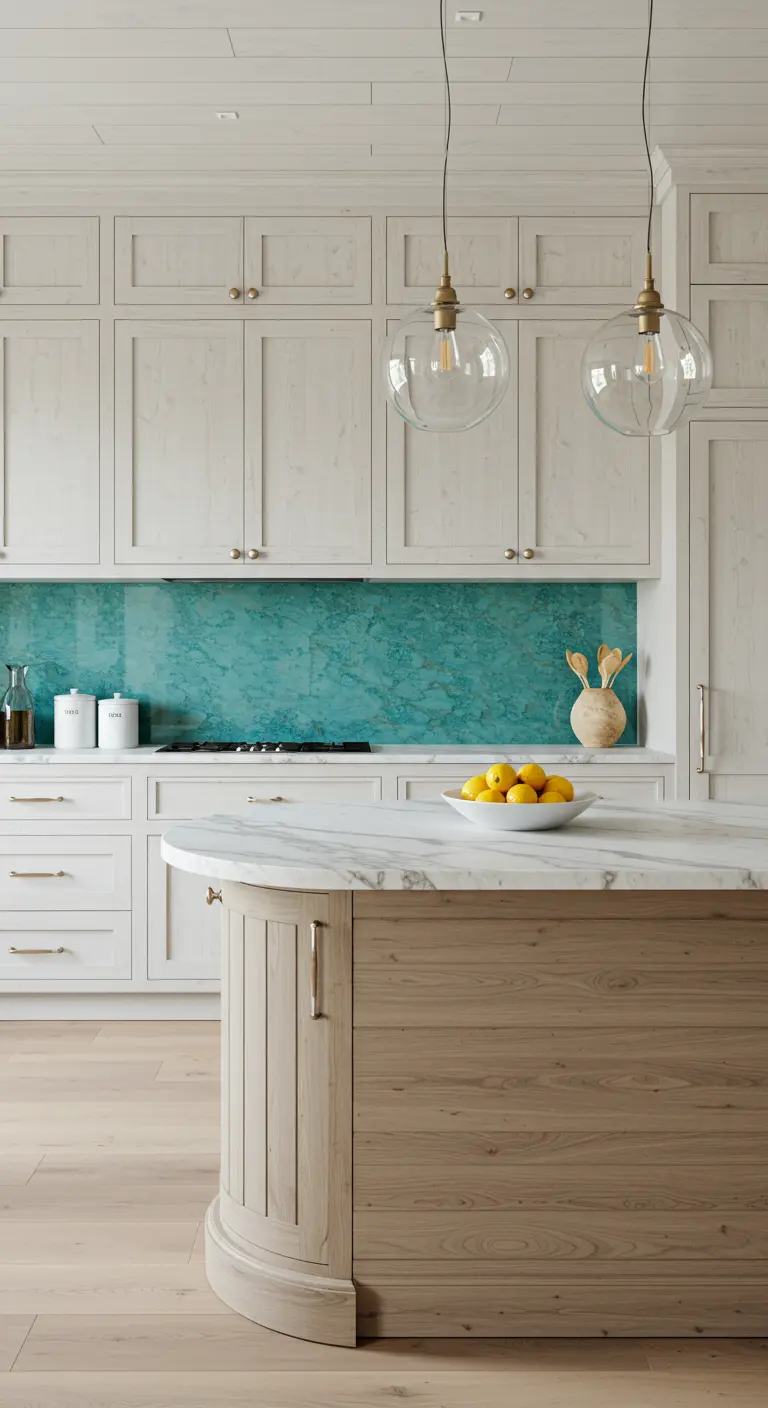 Matte witte kasten met glanzende mintgroene glazen backsplash en marmeren eilandblad.