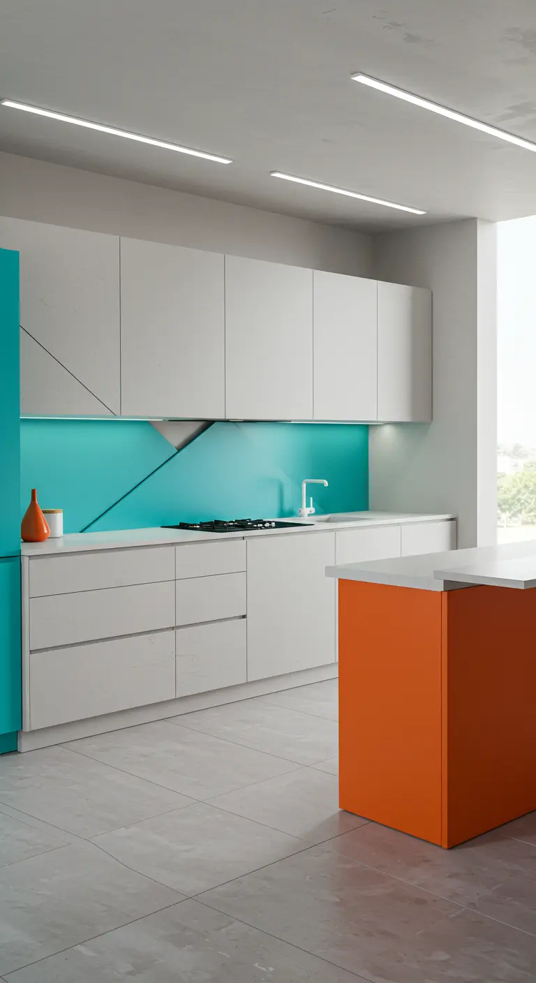 Witte keuken met turquoise spatwand en schuine lijn, oranje kookeiland.