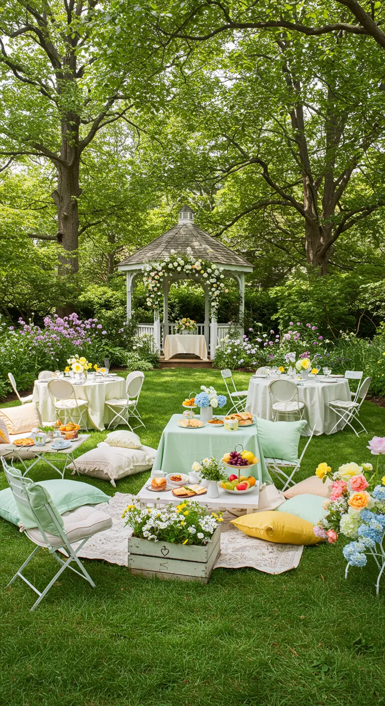 Zomerse tuinpicknick met witte gazebo, kleine tafels, pastelkleurige kussens en bloemen.