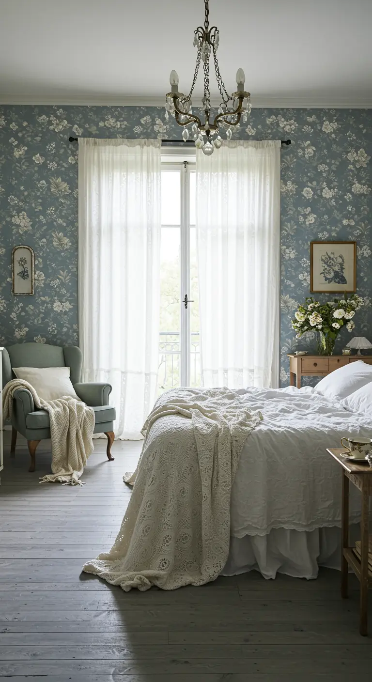 Lichte cottagecore slaapkamer met lichtblauw bloemenbehang, grijze vloer en elegant fauteuil.