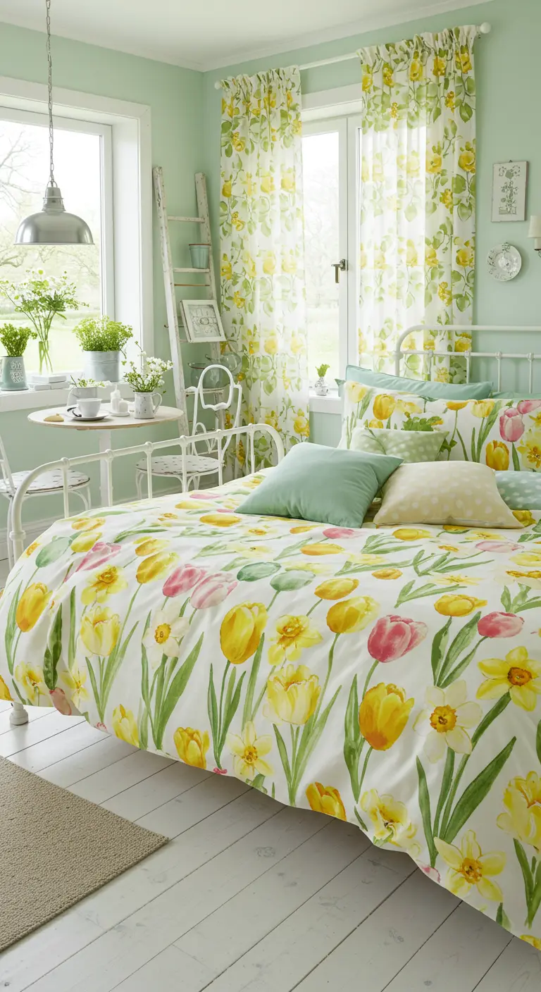 Lente slaapkamer met mintgroene muren, tulp- en narcissen beddengoed, en een wit bistrosetje.