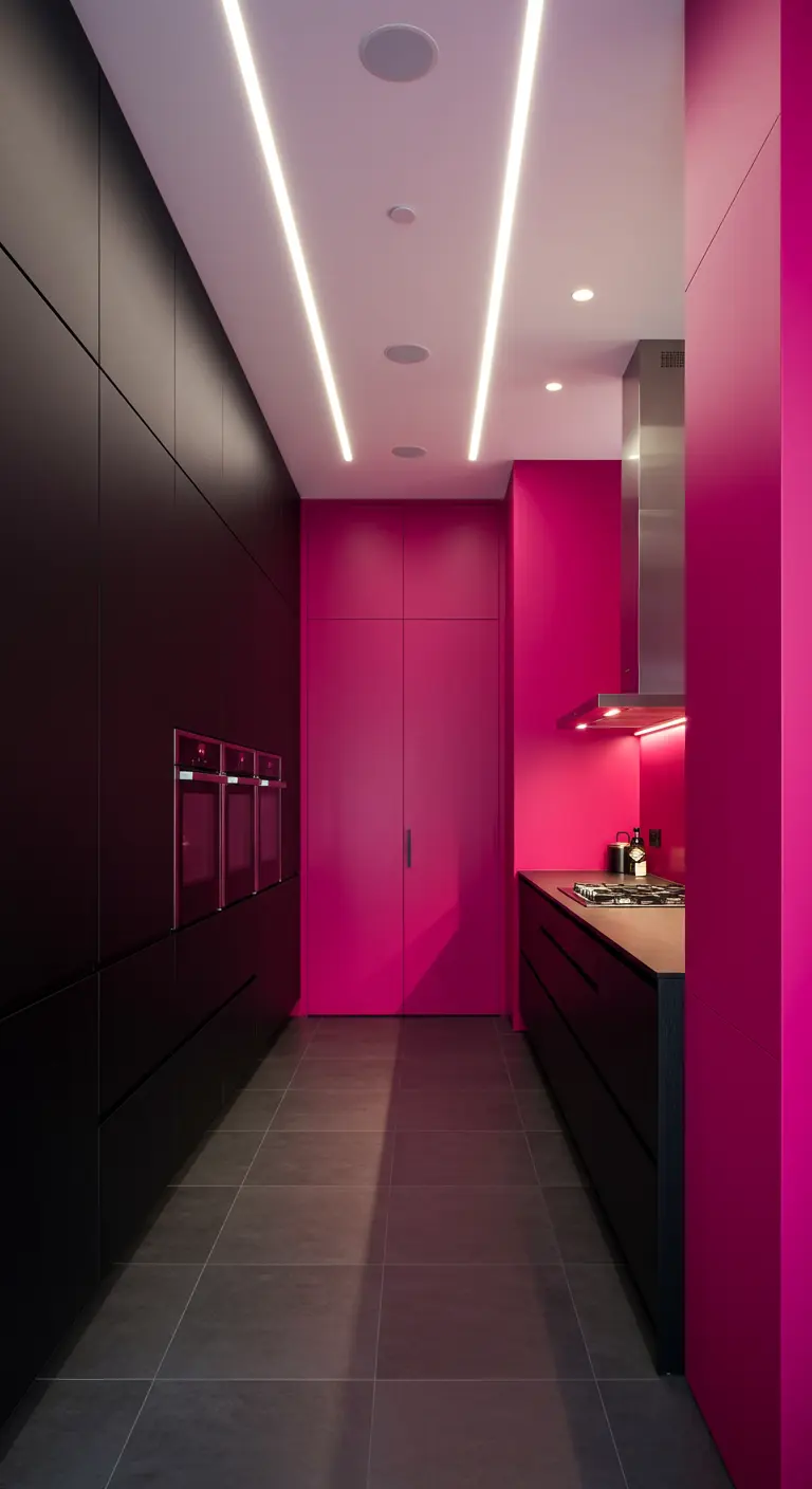Zwarte keuken met fuchsia roze muren en kasten, LED-verlichting.