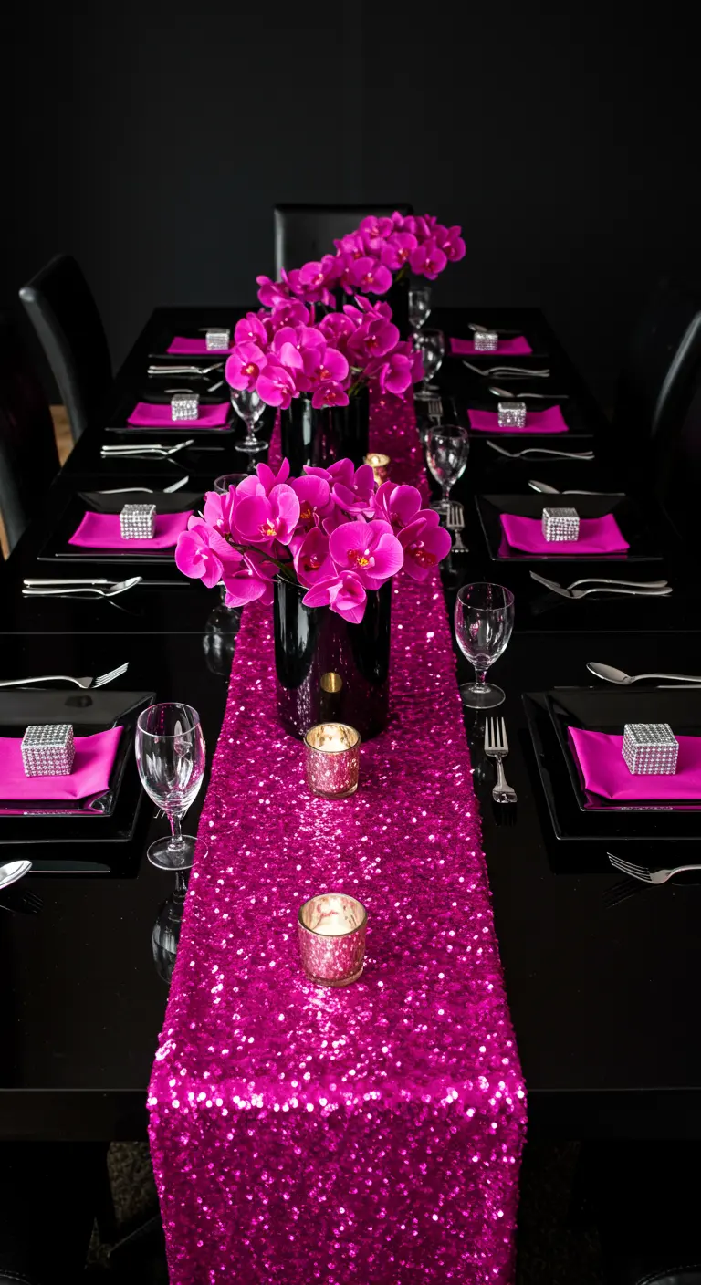 Zwarte tafel met een fuchsia paillettenloper, zwarte borden en roze orchideeën.