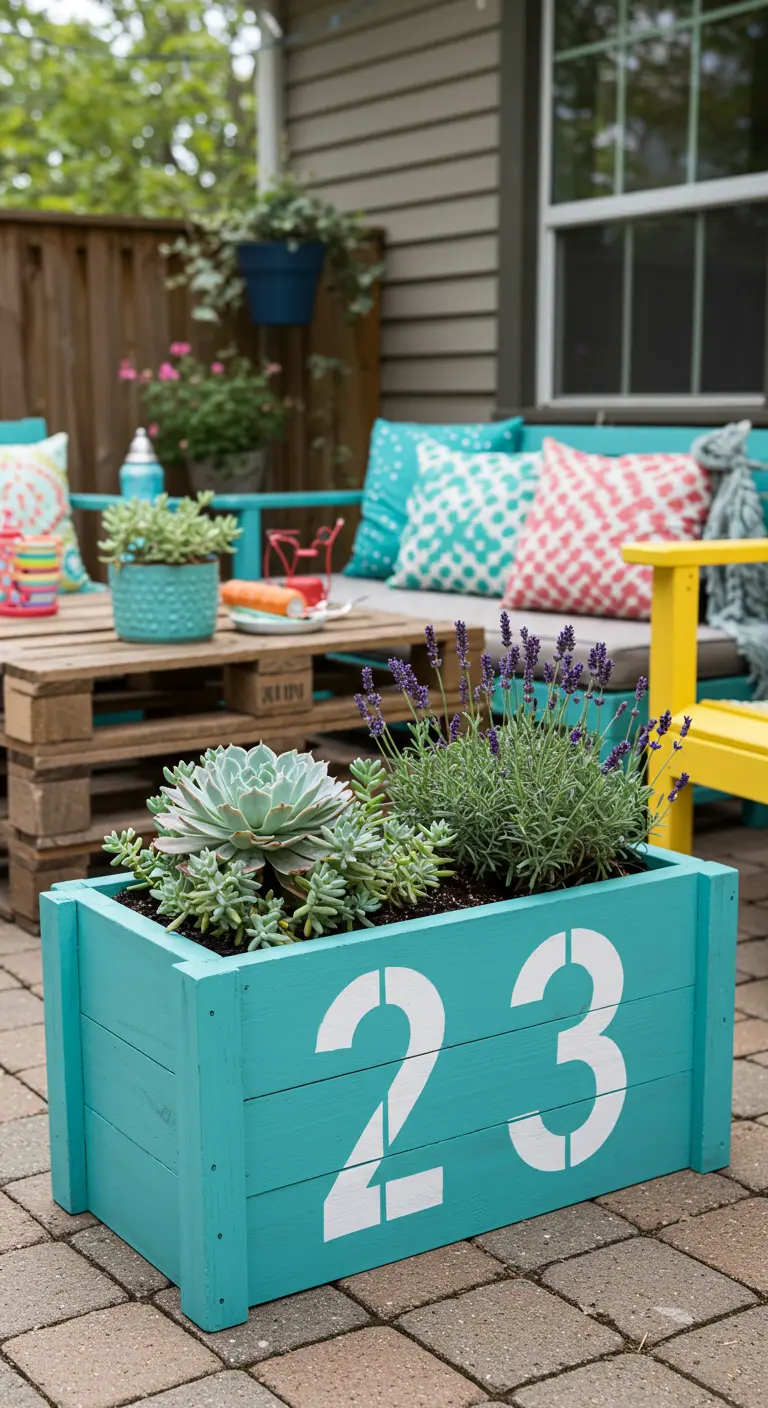 Een turquoise houten plantenbak met een groot wit huisnummer '23' erop geschilderd.