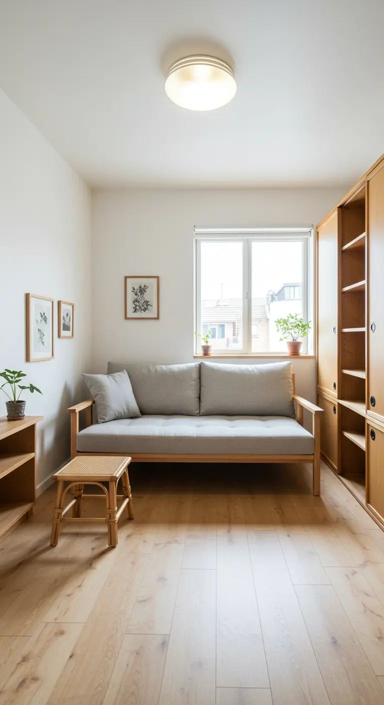 Kleine woonkamer met lichte houten bank, open kasten en bamboe krukje