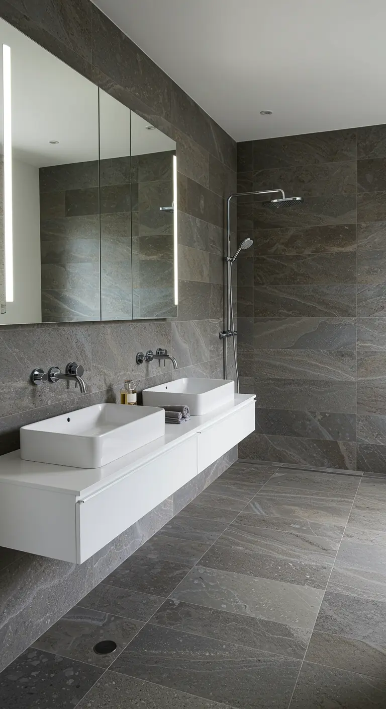 Moderne badkamer met grote grijze tegels en een spiegelkast met verticale verlichting.