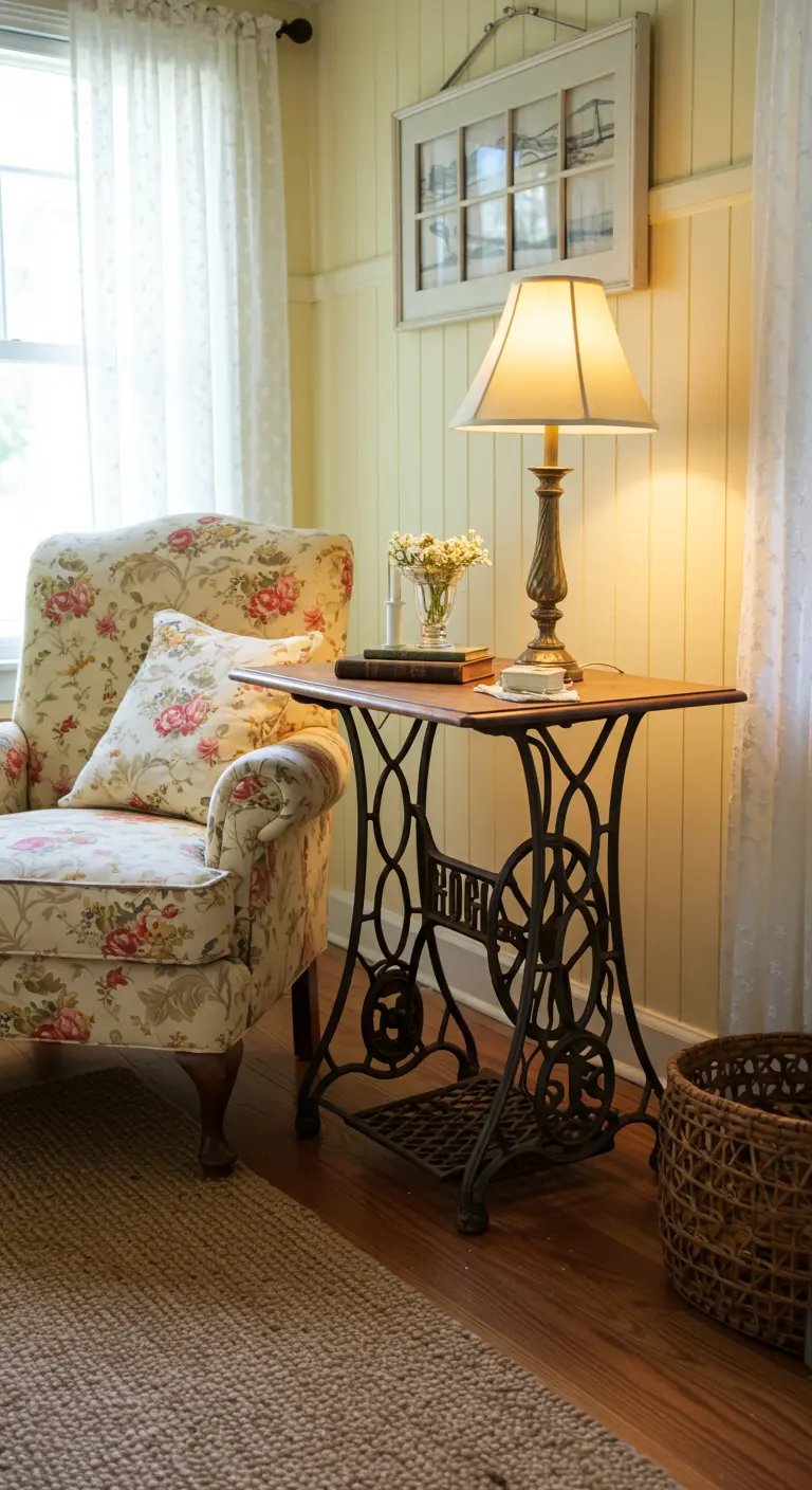 Leeshoek met een fauteuil en een bijzettafel gemaakt van een oud naaimachine-onderstel.
