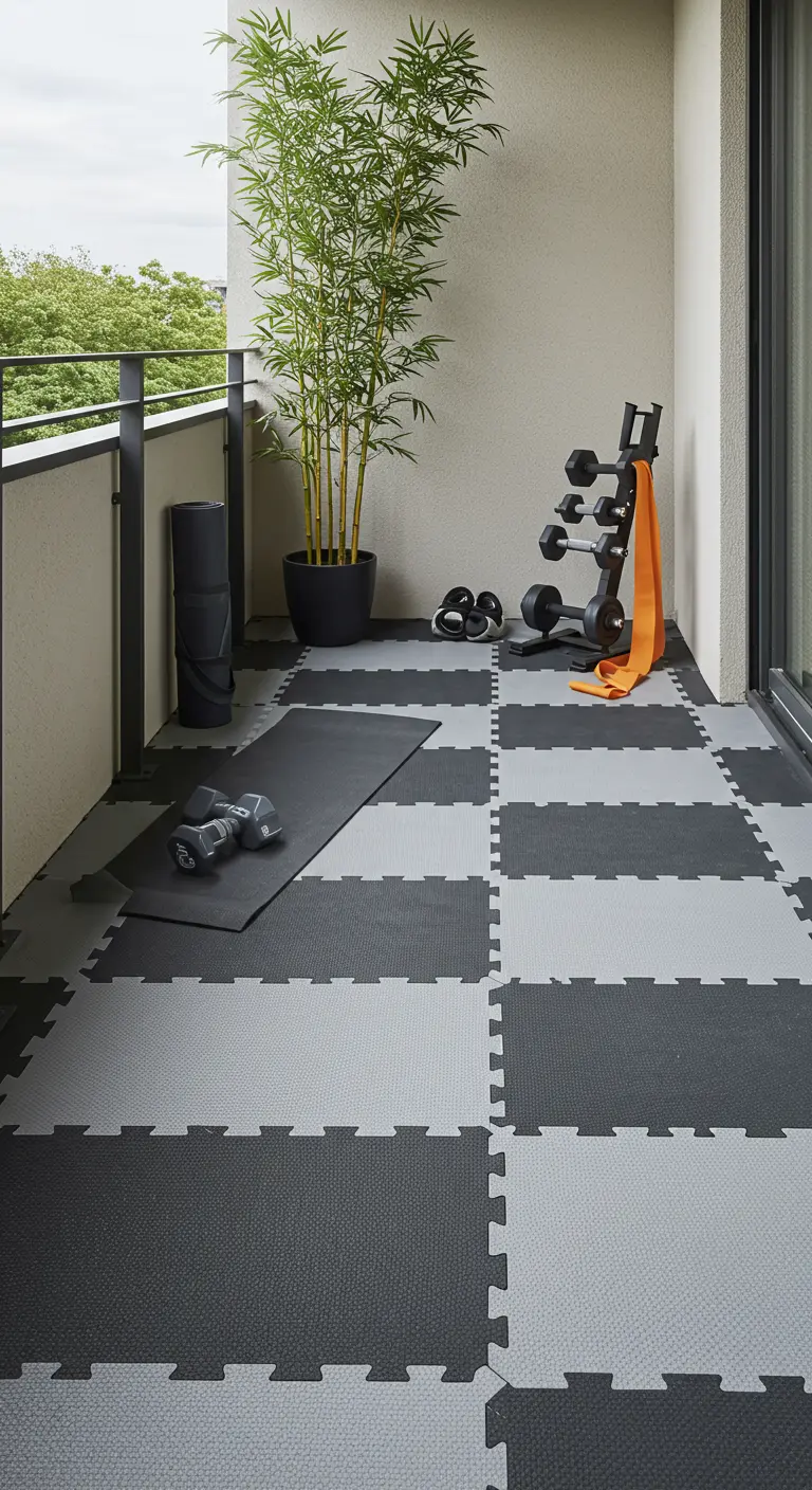Balkon ingericht als homegym met zwart-grijze rubberen puzzeltegels en sportattributen.