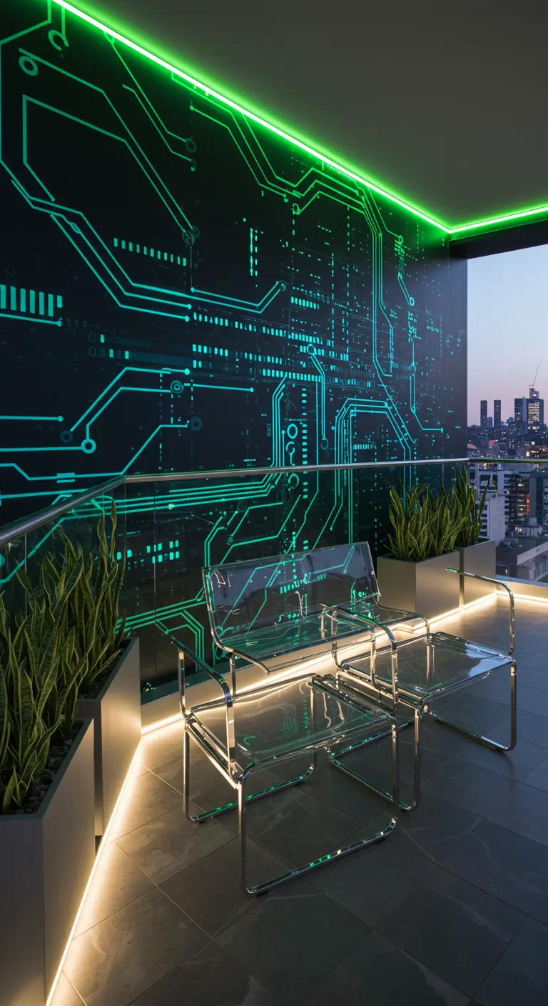 Modern balkon met een futuristische muurschildering van een printplaat met groene LED-verlichting