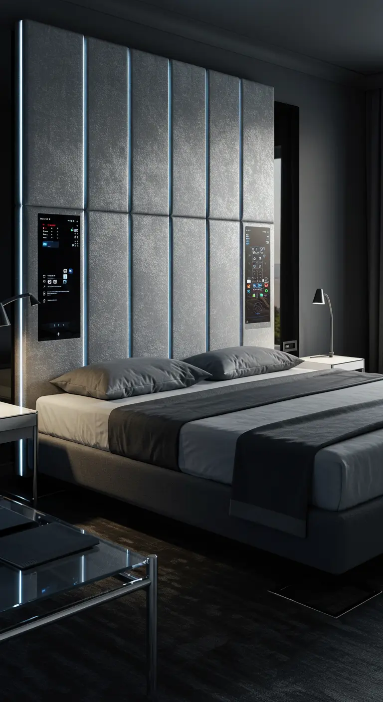 Futuristische slaapkamer met een grijs, muurbreed hoofdbord met geïntegreerde schermen en blauwe LED-verlichting.
