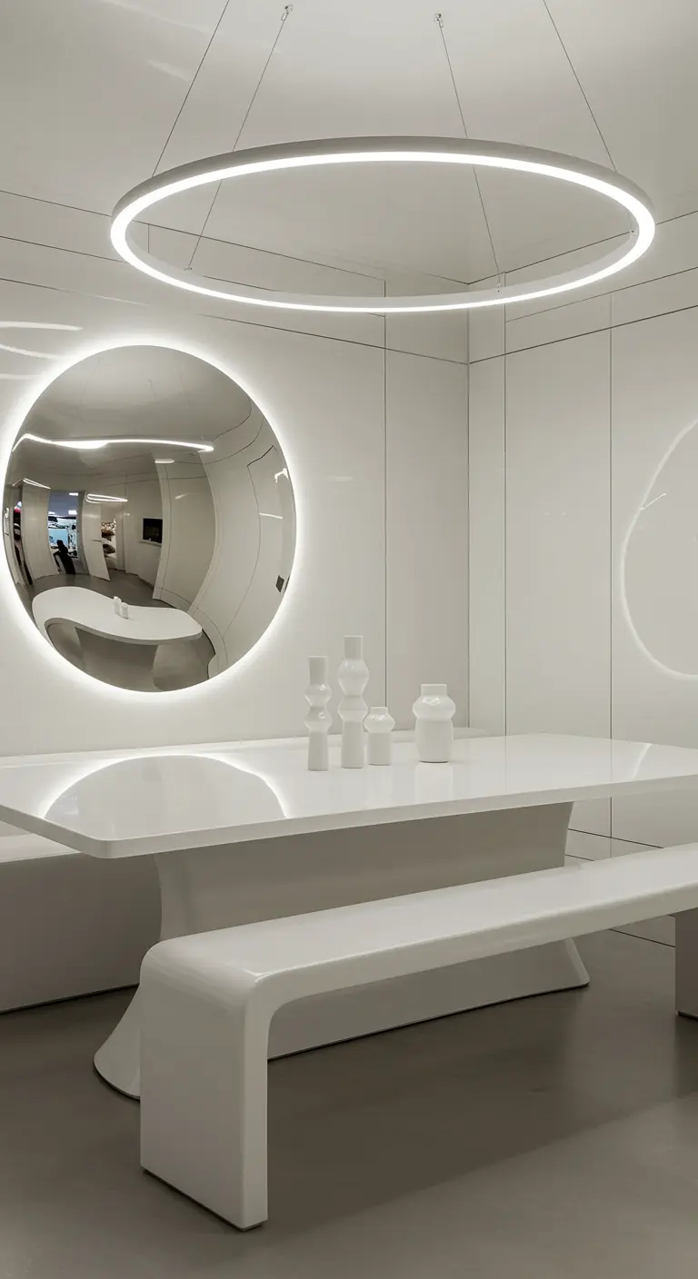 Futuristische witte eethoek met organische vormen, een ronde spiegel met licht en een cirkelvormige lamp.