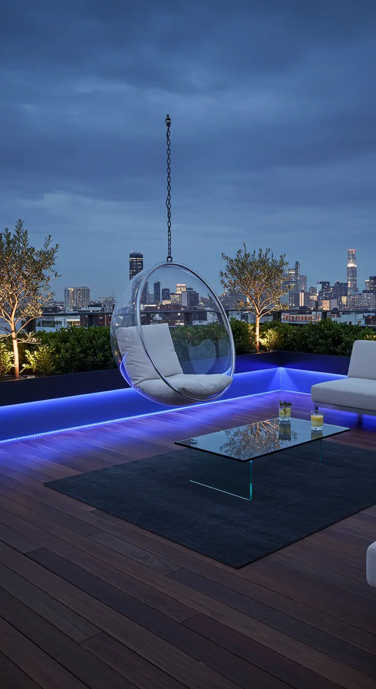 Transparante 'bubble' hangstoel op een dakterras met blauwe ledverlichting en uitzicht op de stad.