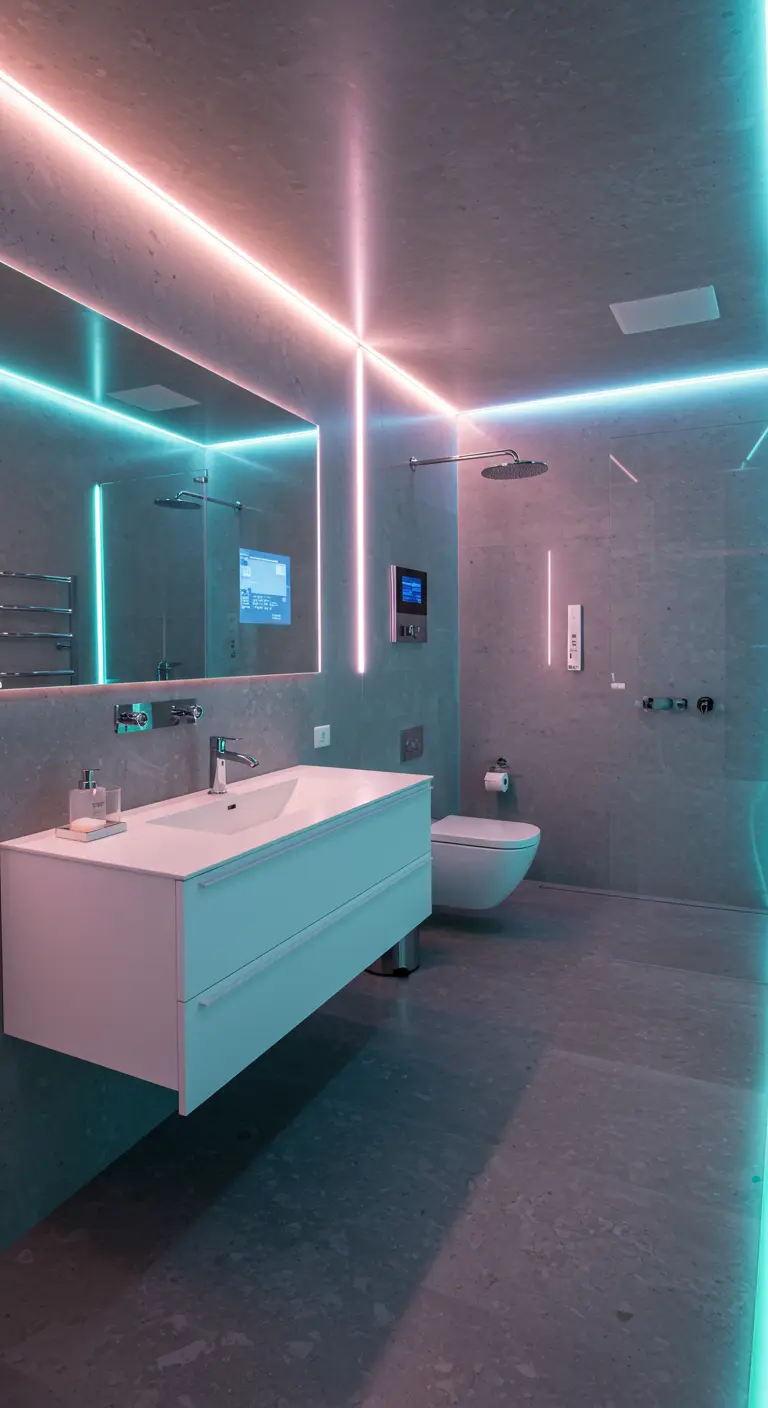 Grijze betonciré badkamer verlicht met roze en turquoise neon LED-strips.