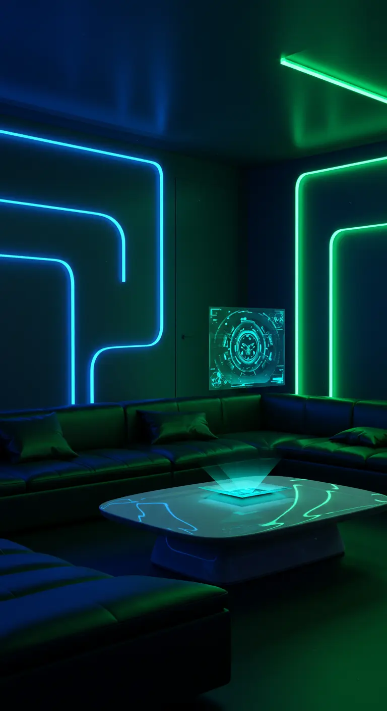 Futuristische woonkamer met zwarte muren, blauwe en groene neonverlichting en een zwarte hoekbank.