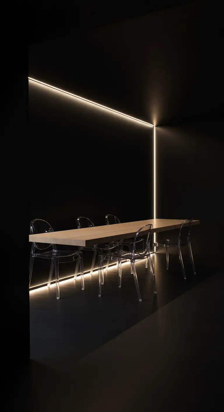 Minimalistische zwarte eetkamer, verlicht door strakke led-lichtlijnen en transparante stoelen.