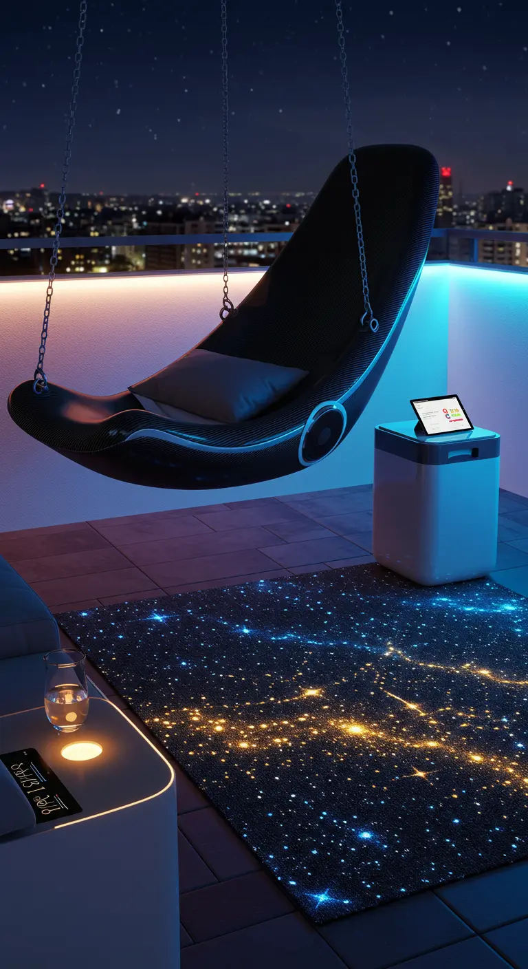 Futuristische zwarte hangstoel boven een vloerkleed dat oplicht als een sterrenhemel.