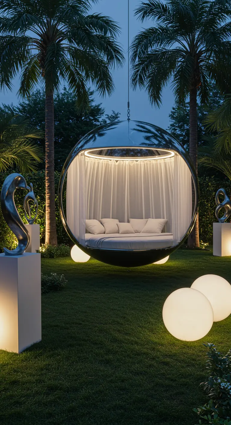 Futuristische zwevende spiegelende bol met wit beddengoed en gordijnen, omringd door gloeiende bollen in een tuin.