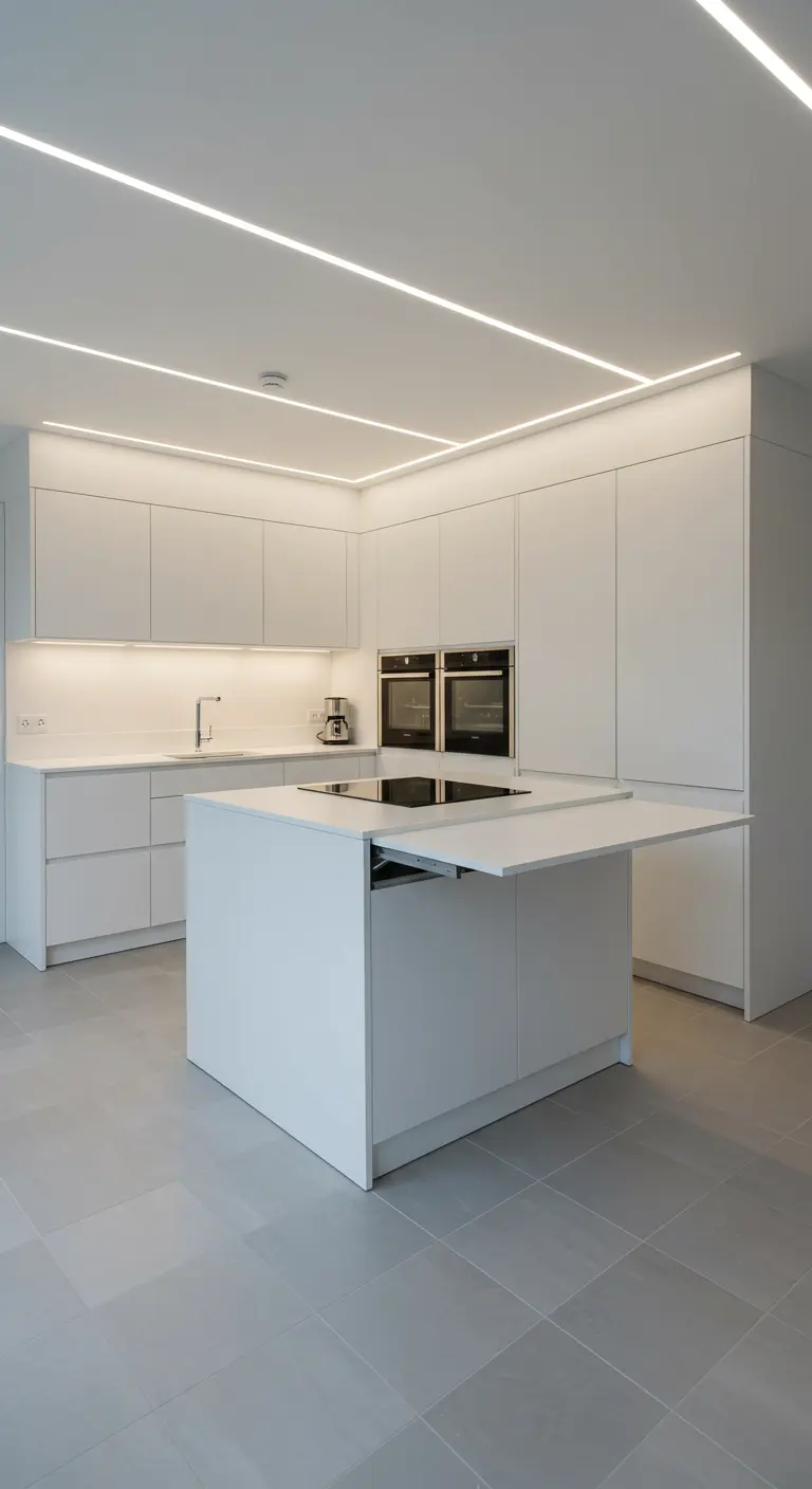 Witte minimalistische keuken met kookeiland, geïntegreerde uitschuifbare eettafel en lineaire verlichting.