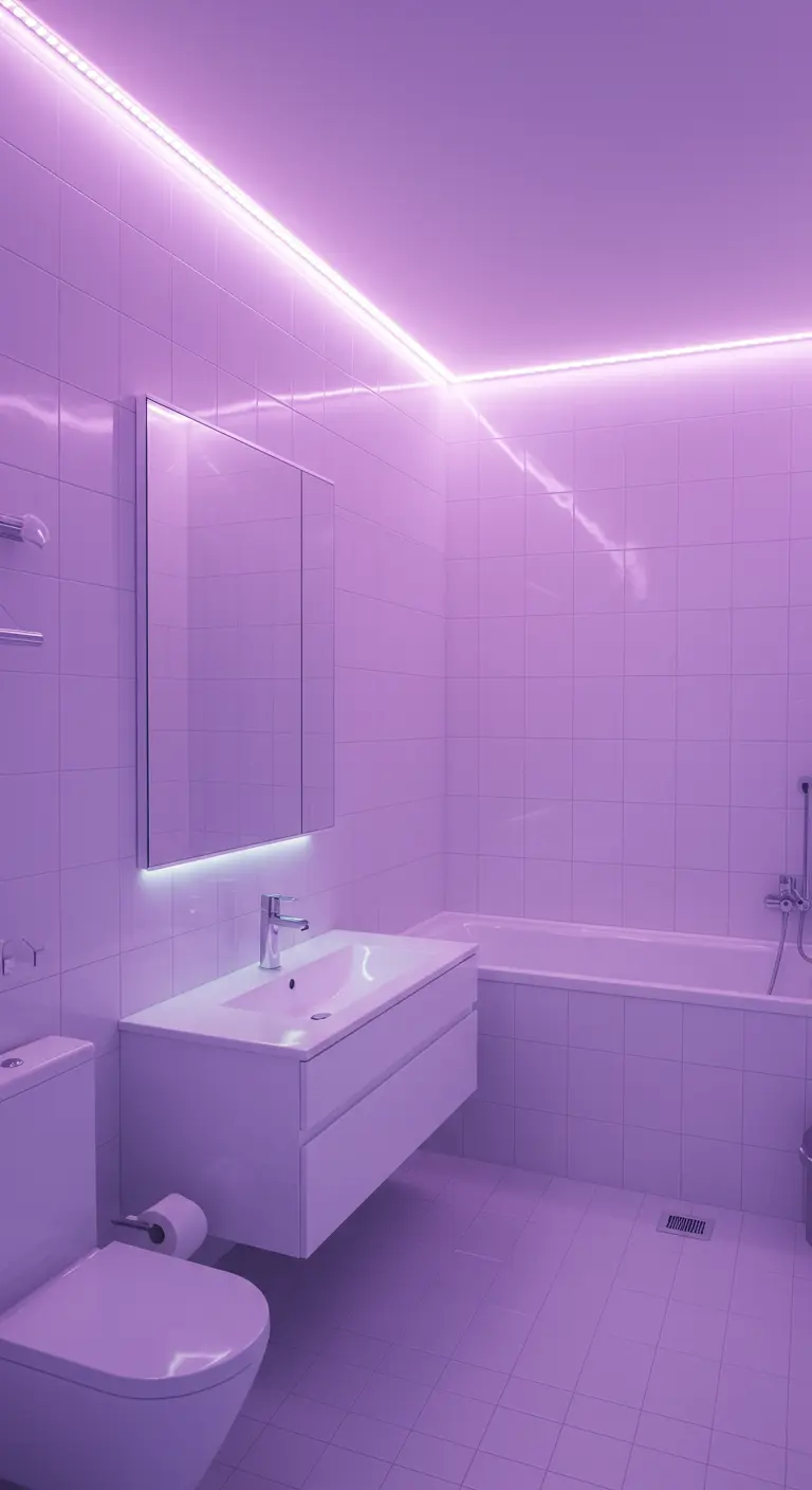 Witte tegelbadkamer volledig verlicht door een paarse led-gloed langs het plafond.