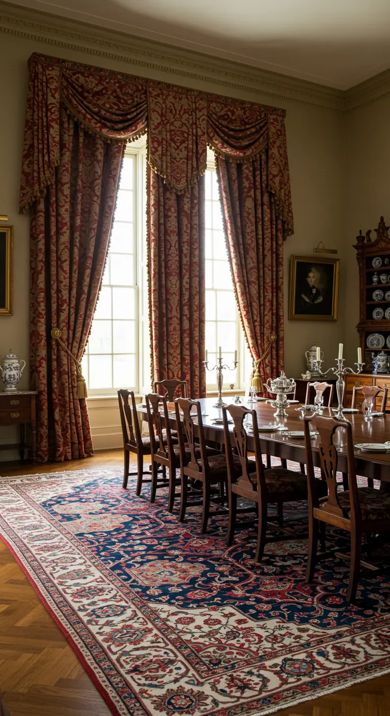 Traditionele eetkamer met zware, rode brokaatgordijnen met kwastjes en een groot Perzisch tapijt.