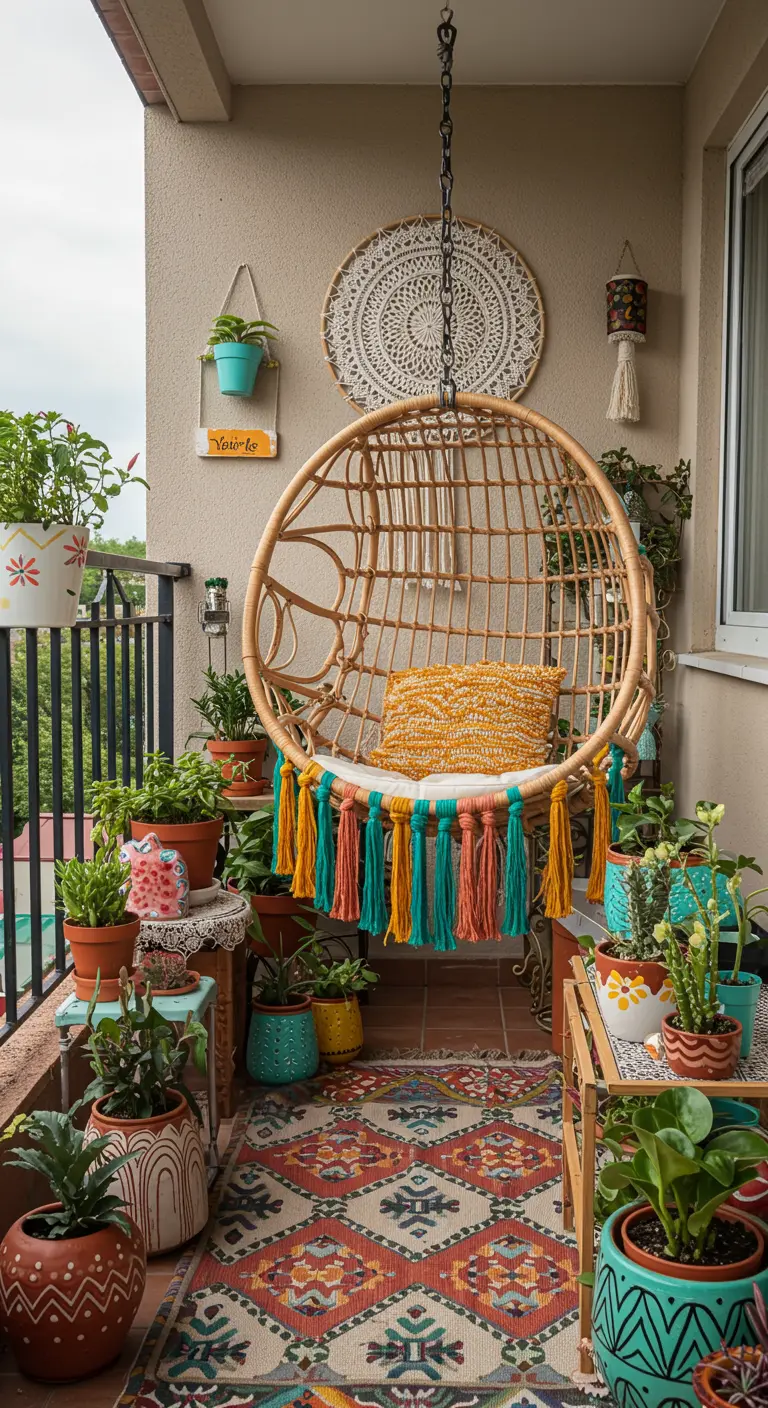 Rotan hangstoel met kleurrijke kwastjes op een balkon vol planten, patronen en een eclectisch vloerkleed.
