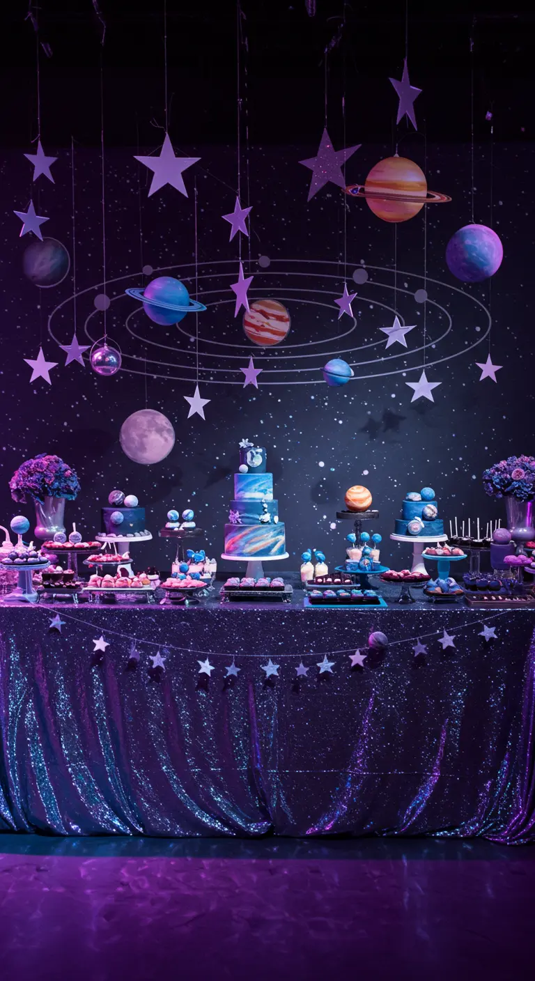 Desserttafel met planeten en sterren, een glitterkleed en ruimtethema taarten.