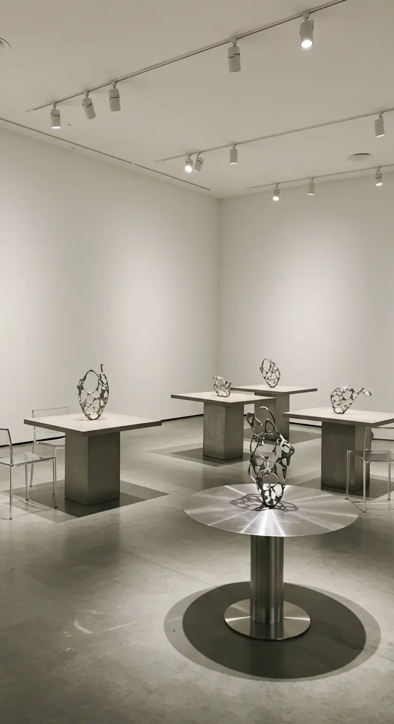 Minimalistische ruimte met betonnen tafels en metalen sculpturen als tafeldecoratie.